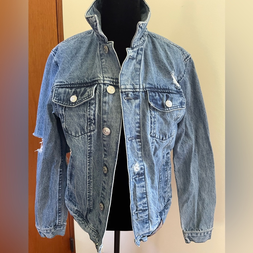 PacSun LA Women's Embroidered Jean Jacket Size S Distressed Los Angeles Logo